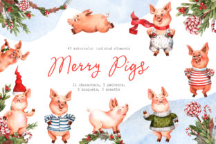 Merry Pigs Watercolor Clip Art Set
